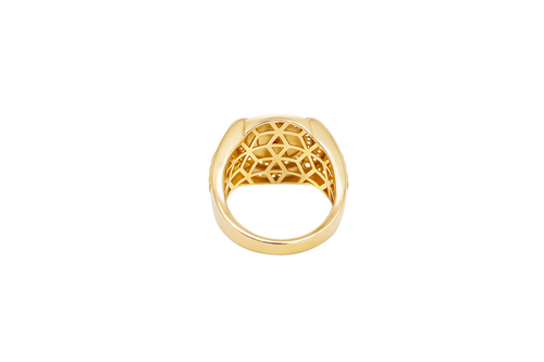 14KT Gold Ring Men's Round Two Tone Virgin Mary White CZ Stones Double Border with Four Slightly Larger Corner Stones and White CZ Stones on Curved Ridged Band