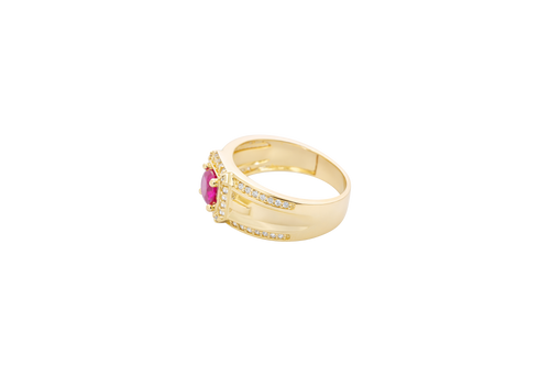 14KT Gold Ring Men's Square Red Round CZ 14KT Gold Men's Ring Square Red Round CZ Center Stone White CZ Stone Border Side Design White CZ Stones Plain Stone White CZ Stone Border Side Design White CZ Stones Plain