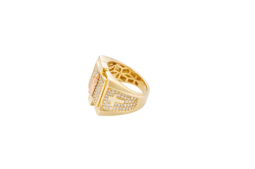 14KT Gold Ring Men's Square Raised Two Tone St. Jude Plain Border with White CZ Stone Background Plain Cross on Sides