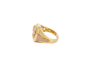 14KT Gold Ring Men's Two Tone Octagon Raised Half Horse Portrait with Horseshoe Frame White CZ Stones Background Plain Border White CZ Stone Band Design White CZ Stones in Raised Triangle Pattern Flanked by Two Smaller White CZ Stone Triangles