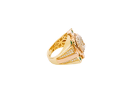 14KT Gold Ring Men's Tri Tone Raised Square/Oval Medusa Portrait with Sunray Background and Corner Design One Green CZ Stone in Each Corner Band Design Double Row White CZ Stone Interlocking Top/Side Cross