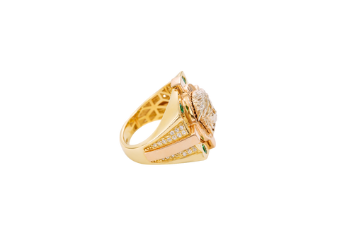 14KT Gold Ring Men's Tri Tone Raised Square/Oval Medusa Portrait with Sunray Background and Corner Design One Green CZ Stone in Each Corner Band Design Double Row White CZ Stone Interlocking Top/Side Cross