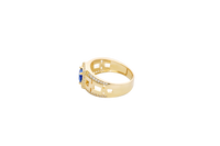 14KT Gold Ring Men's Blue Round CZ Center Stone Square White CZ Stone Border Band Design White CZ Stones Mariner Link