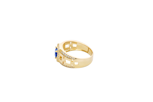 14KT Gold Ring Men's Blue Round CZ Center Stone Square White CZ Stone Border Band Design White CZ Stones Mariner Link