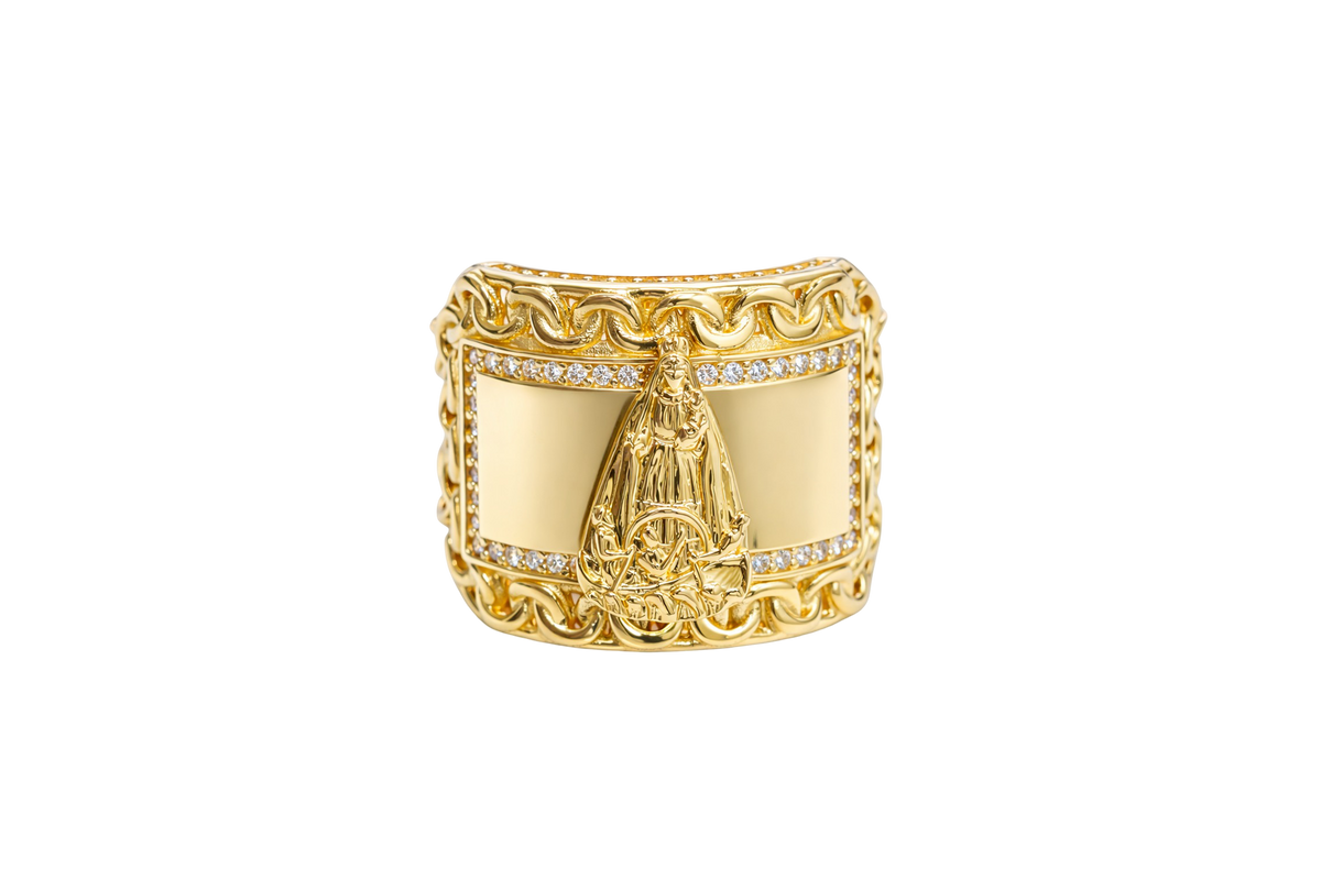 14KT Gold Ring Men's Curved Rectangle Caridad Cobre with White CZ Stones Border Chino Link Frame and Band