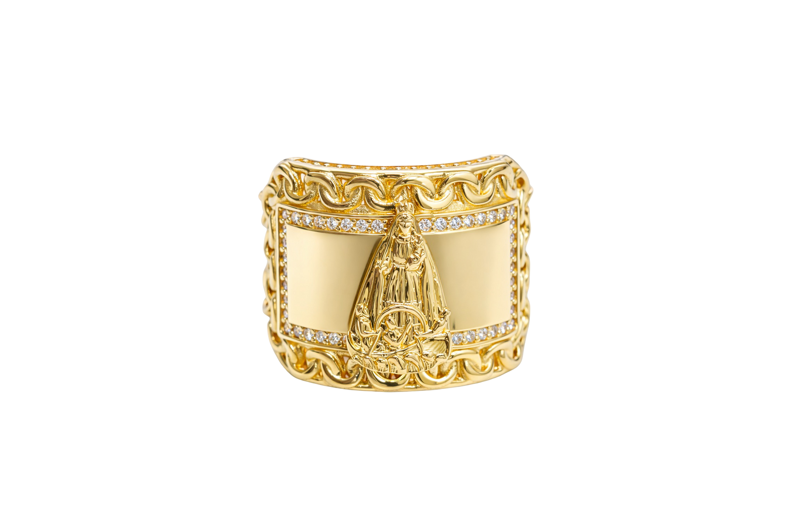 14KT Gold Ring Men's Curved Rectangle Caridad Cobre with White CZ Stones Border Chino Link Frame and Band