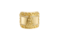 14KT Gold Ring Men's Curved Rectangle Caridad Cobre with White CZ Stones Border Chino Link Frame and Band