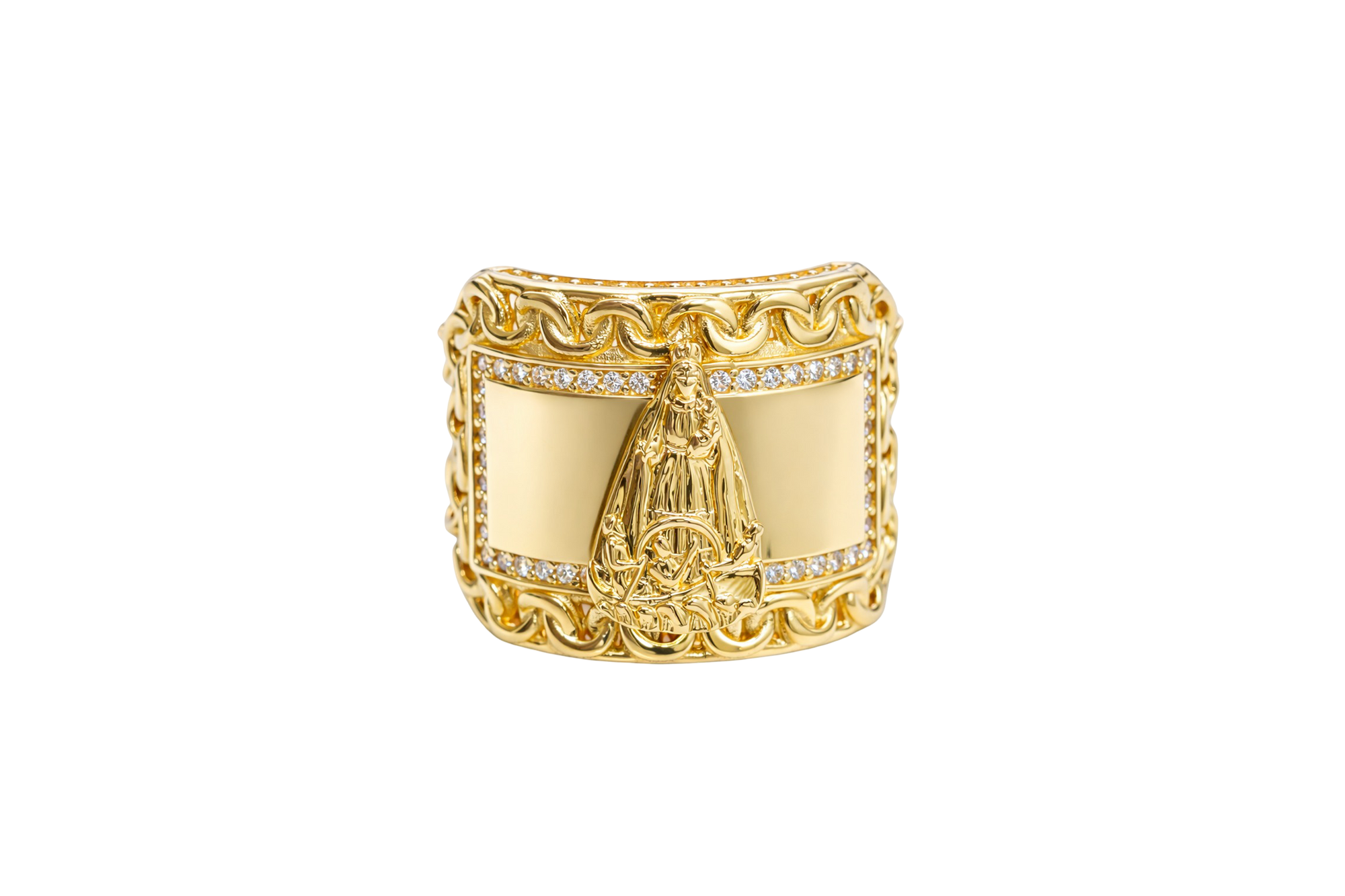 14KT Gold Ring Men's Curved Rectangle Caridad Cobre with White CZ Stones Border Chino Link Frame and Band