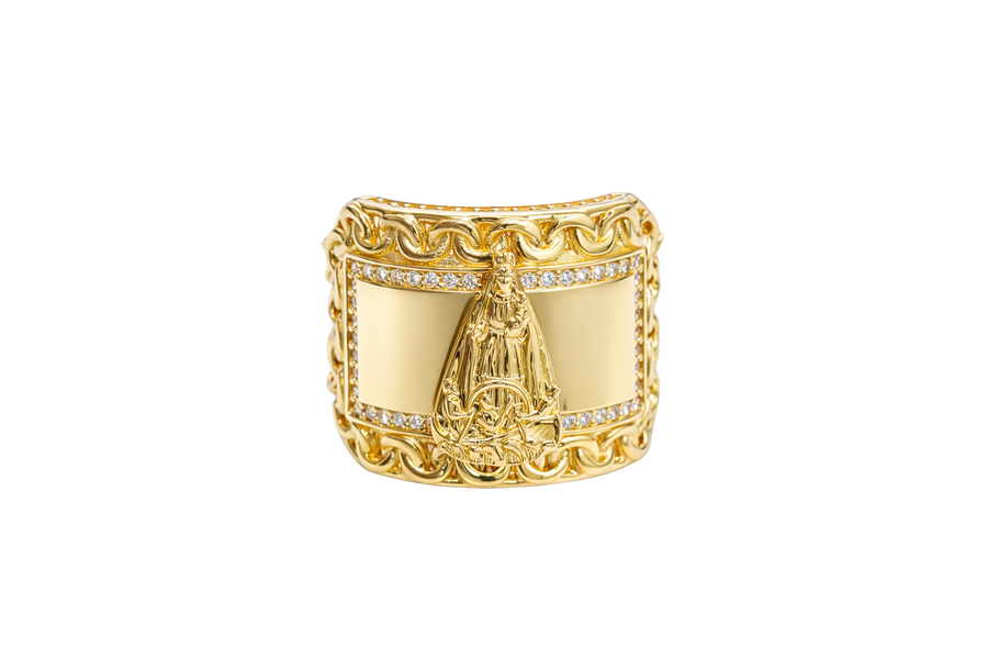 14KT Gold Ring Men's Curved Rectangle Caridad Cobre with White CZ Stones Border Chino Link Frame and Band
