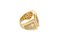 14KT Gold Ring Men's Square Raised Two Tone St. Muerte with Seven Row White CZ Stones Background and Two Tone Cross on Each Side and Pave Style CZ White Stone on Each Side with Pave Background