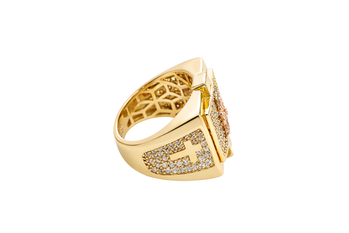 14KT Gold Ring Men's Square Raised Two Tone St. Muerte with Seven Row White CZ Stones Background and Two Tone Cross on Each Side and Pave Style CZ White Stone on Each Side with Pave Background
