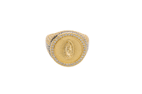 14KT Men's Ring Gold Round Virgin Mary Coin Brushed Finish Background with White CZ Stones Border and Black / Gold Greek Style Design Around the Border and Each Side of Band