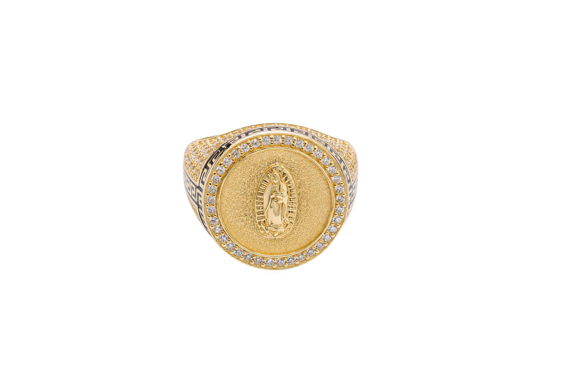 14KT Men's Ring Gold Round Virgin Mary Coin Brushed Finish Background with White CZ Stones Border and Black / Gold Greek Style Design Around the Border and Each Side of Band