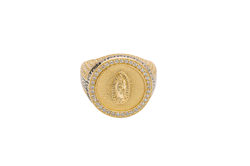 14KT Men's Ring Gold Round Virgin Mary Coin Brushed Finish Background with White CZ Stones Border and Black / Gold Greek Style Design Around the Border and Each Side of Band