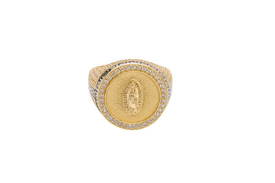 14KT Men's Ring Gold Round Virgin Mary Coin Brushed Finish Background with White CZ Stones Border and Black / Gold Greek Style Design Around the Border and Each Side of Band