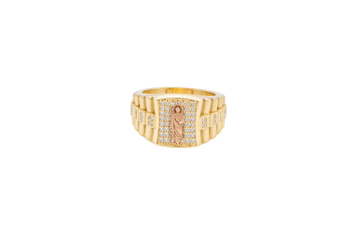 14KT Gold Ring Men's Square Two Tone St. Jude Plain Border with White CZ Stones Background Side Design White CZ Stones and Jubilee Band