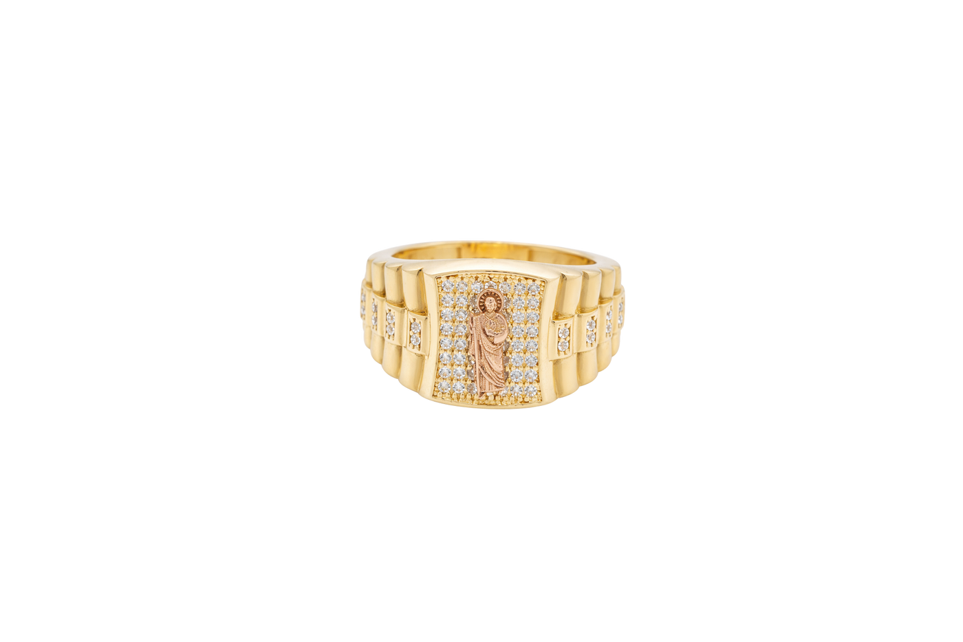 14KT Gold Ring Men's Square Two Tone St. Jude Plain Border with White CZ Stones Background Side Design White CZ Stones and Jubilee Band