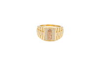 14KT Gold Ring Men's Square Two Tone St. Jude Plain Border with White CZ Stones Background Side Design White CZ Stones and Jubilee Band