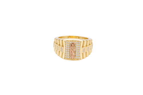 14KT Gold Ring Men's Square Two Tone St. Jude Plain Border with White CZ Stones Background Side Design White CZ Stones and Jubilee Band