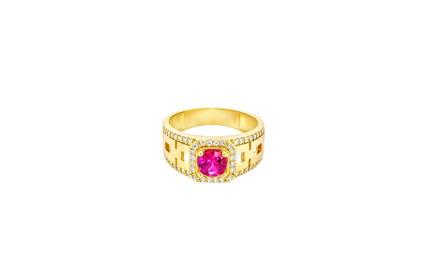 14KT Gold Ring Men's Square Red Round CZ Center Stone White CZ Stone Border Side Design White CZ Stones with Mariner Link