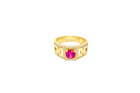14KT Gold Ring Men's Square Red Round CZ Center Stone White CZ Stone Border Side Design White CZ Stones with Mariner Link