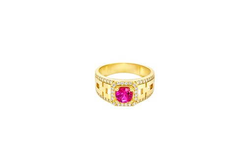 14KT Gold Ring Men's Square Red Round CZ Center Stone White CZ Stone Border Side Design White CZ Stones with Mariner Link