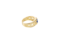 14KT Gold Ring Men's Blue Round CZ Center Stone Square White CZ Stone Border Band Design White CZ Stones Mariner Link