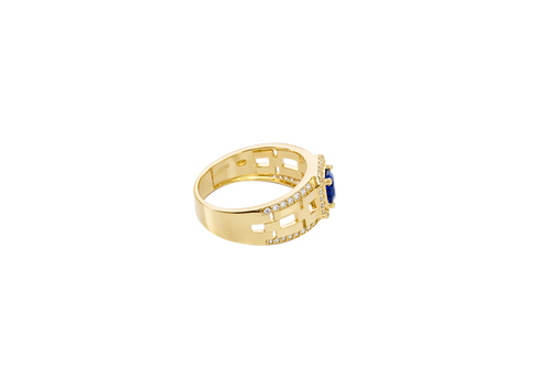 14KT Gold Ring Men's Blue Round CZ Center Stone Square White CZ Stone Border Band Design White CZ Stones Mariner Link