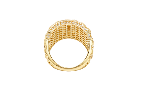 14KT Gold Ring Men's Curved Rectangle Caridad Cobre with White CZ Stones Border Chino Link Frame and Band