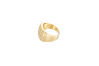 14KT Gold Ring Men's Flat Curved Rectangle White CZ Stones Five Rows of Seven Center with White CZ Stones Double Border and Plain Band