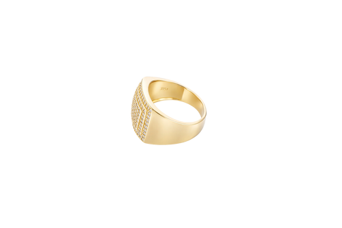 14KT Gold Ring Men's Flat Curved Rectangle White CZ Stones Five Rows of Seven Center with White CZ Stones Double Border and Plain Band