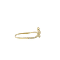 14KT Gold Ring Women's Light Weight Tilted Open White CZ Stones Heart Outline with Plain Heart Center and White CZ Stones Band