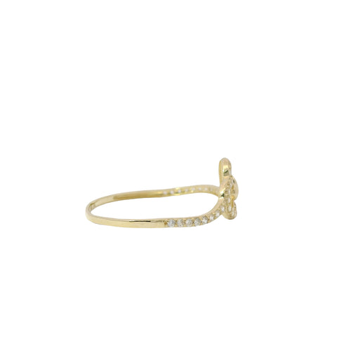 14KT Gold Ring Women's Light Weight Tilted Open White CZ Stones Heart Outline with Plain Heart Center and White CZ Stones Band