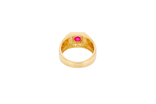 14KT Gold Ring Men's Square Red Round CZ Stone White CZ Stones Square Border with Side Design White CZ Stones Framing Two Dots in Center of "X" Design