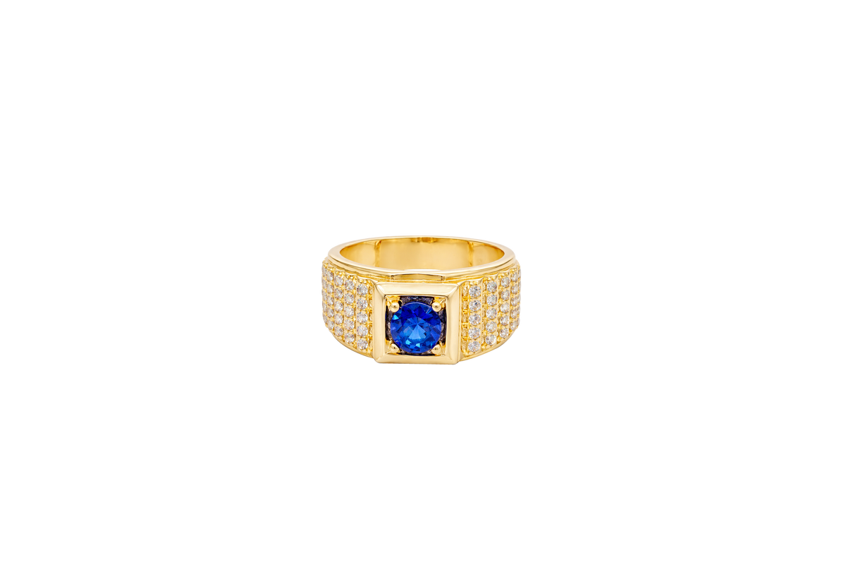 14KT Gold Ring Men's Square Blue Round CZ Stone Plain Square Border Side Design Three Tiers of Single Row White CZ Stones Stairs and Triple Row of White CZ Stones Under Stairs