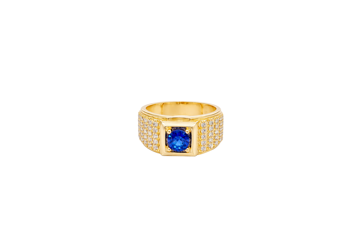 14KT Gold Ring Men's Square Blue Round CZ Stone Plain Square Border Side Design Three Tiers of Single Row White CZ Stones Stairs and Triple Row of White CZ Stones Under Stairs