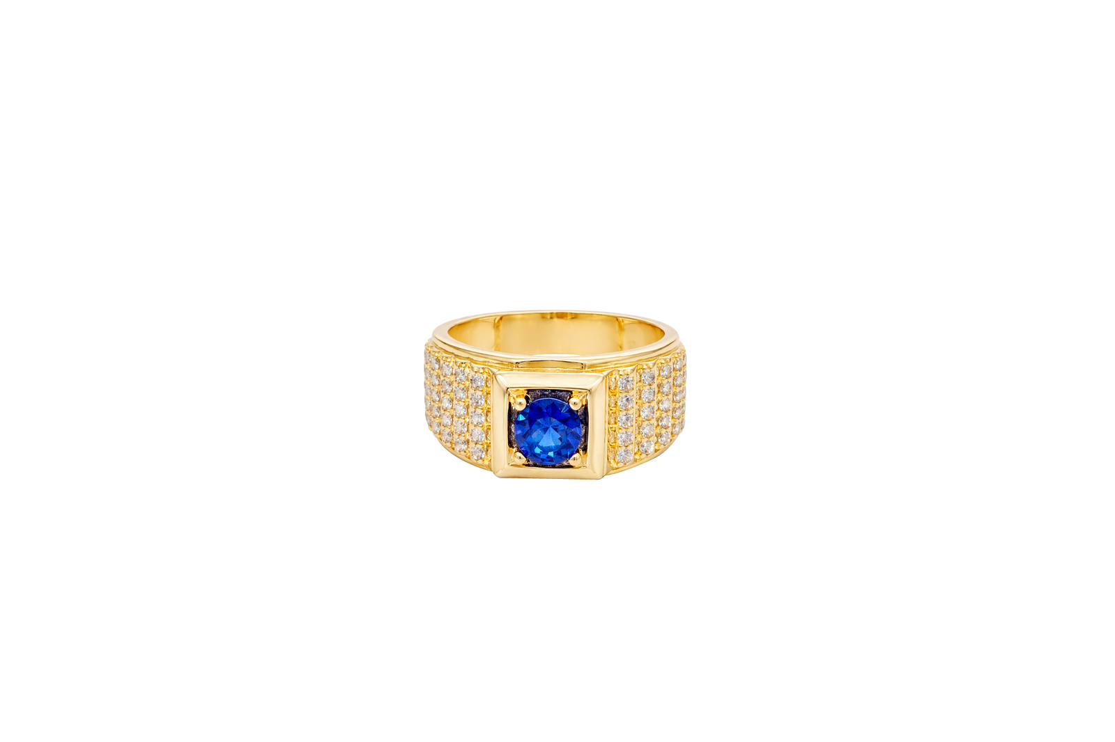 14KT Gold Ring Men's Square Blue Round CZ Stone Plain Square Border Side Design Three Tiers of Single Row White CZ Stones Stairs and Triple Row of White CZ Stones Under Stairs