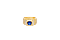 14KT Gold Ring Men's Square Blue Round CZ Stone Plain Square Border Side Design Three Tiers of Single Row White CZ Stones Stairs and Triple Row of White CZ Stones Under Stairs