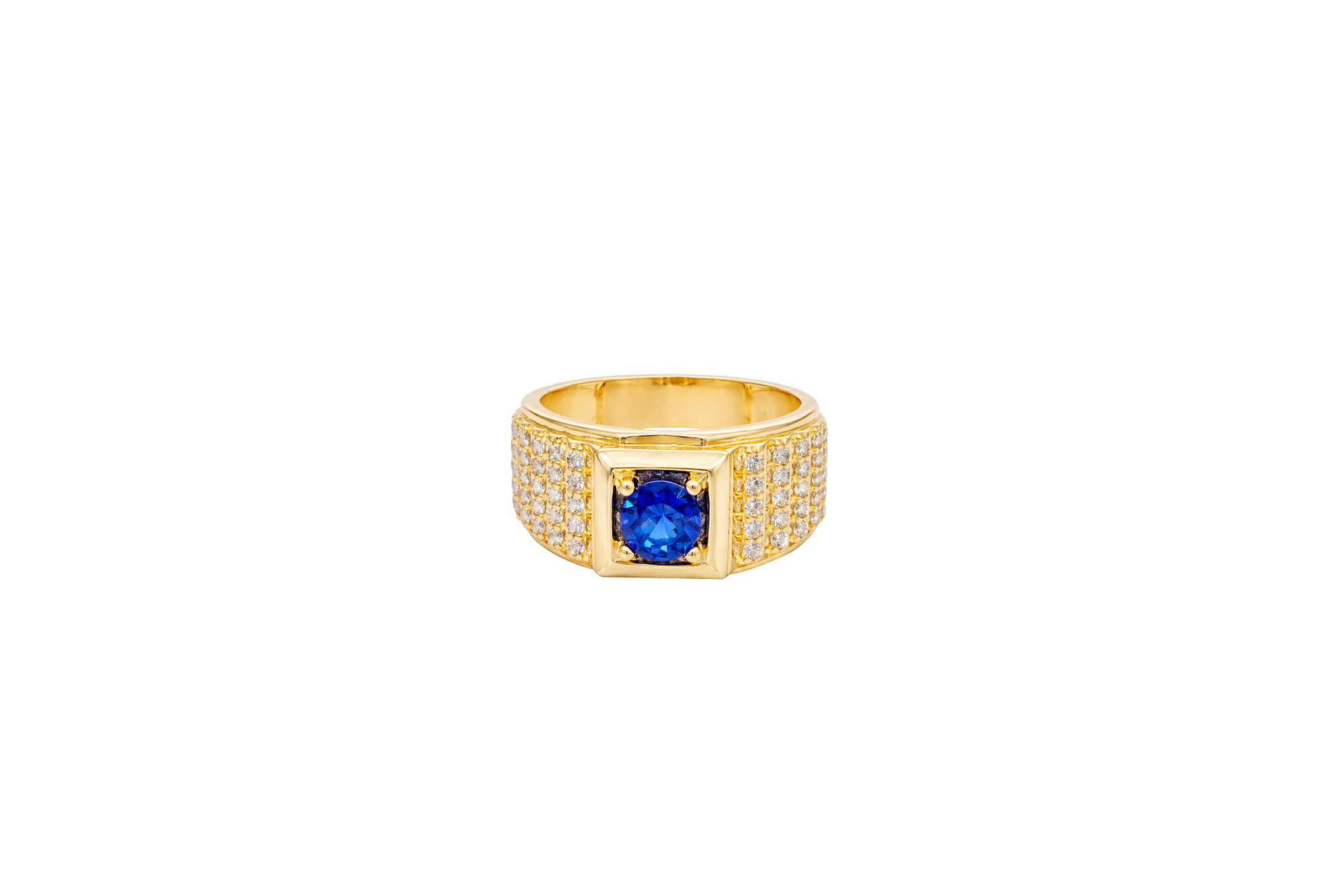 14KT Gold Ring Men's Square Blue Round CZ Stone Plain Square Border Side Design Three Tiers of Single Row White CZ Stones Stairs and Triple Row of White CZ Stones Under Stairs