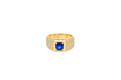 14KT Gold Ring Men's Square Blue Round CZ Stone Plain Square Border Side Design Three Tiers of Single Row White CZ Stones Stairs and Triple Row of White CZ Stones Under Stairs