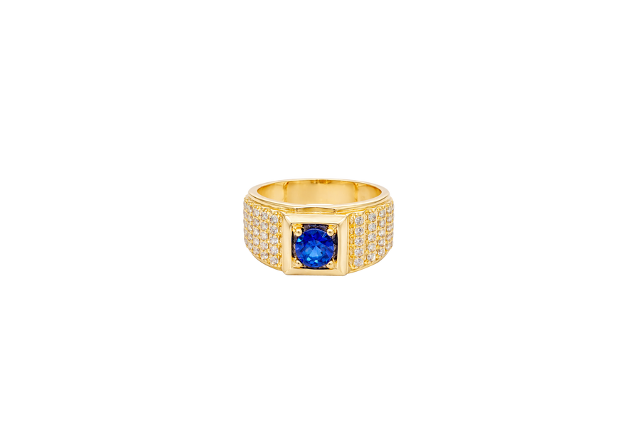 14KT Gold Ring Men's Square Blue Round CZ Stone Plain Square Border Side Design Three Tiers of Single Row White CZ Stones Stairs and Triple Row of White CZ Stones Under Stairs