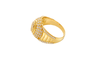 14KT Gold Ring Men's Oval 20 White CZ Stones Cluster Center with Plain Ribbed Border and Double Row White CZ Stones Sunray Pattern Border Side Design Single Row White CZ Stones Edge with Four Plain Ribbed Bars in Center