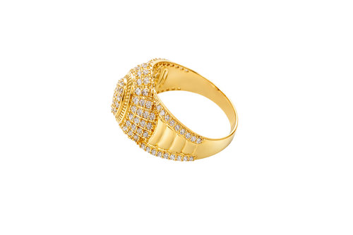 14KT Gold Ring Men's Oval 20 White CZ Stones Cluster Center with Plain Ribbed Border and Double Row White CZ Stones Sunray Pattern Border Side Design Single Row White CZ Stones Edge with Four Plain Ribbed Bars in Center
