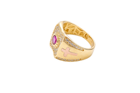 14KT Gold Ring Men's Rectangle Shape Center Platform Red Round Center CZ Stone with White CZ Stones Background Two Tone Cross on Sides with White CZ Stones Border