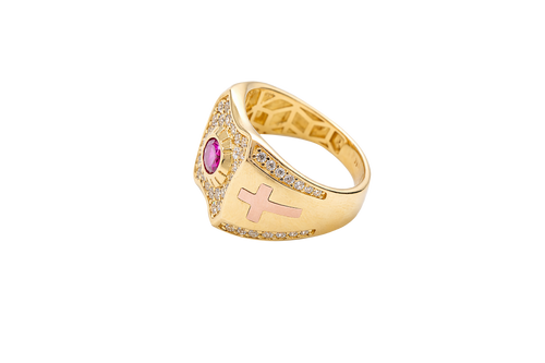14KT Gold Ring Men's Rectangle Shape Center Platform Red Round Center CZ Stone with White CZ Stones Background Two Tone Cross on Sides with White CZ Stones Border