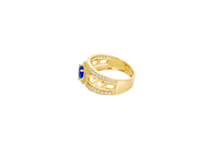 14KT Gold Ring Men's Round Blue CZ Stone Hexagon White CZ Stones Border with Side Design White CZ Stones/ Cuban Link Design
