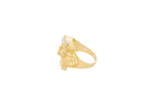 14KT Gold Ring Men's Jesus Head Three White Round CZ Stones Crown Side Design 10 Gallery Hole