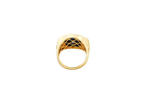 14KT Gold Ring Men's Onyx Raised Gold Lion Head White CZ Stoned Border Framed with Five Row Bridge Side Design Ascending Steps Under Continued Five Row Bridge