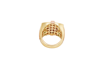 14KT Gold Ring Men's Square Raised Two Tone Oval Virgin Mary with Sunray Background and Corner Design One Green CZ Stone Shank Design Double Row White CZ Stone Interlocking Top/Side Cross