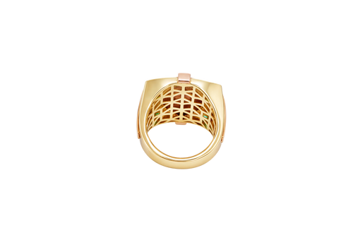 14KT Gold Ring Men's Square Raised Two Tone Oval Virgin Mary with Sunray Background and Corner Design One Green CZ Stone Shank Design Double Row White CZ Stone Interlocking Top/Side Cross